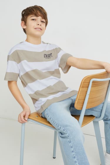 Reverskraag - T-shirt - gestreept - licht beige