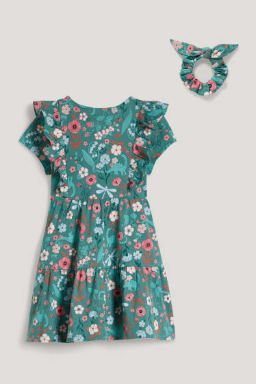 Exkluzivní online - Souprava - šaty a scrunchie gumička do vlasů - 2dílná - s květinovým vzorem - zelená