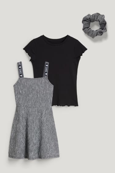 Dívčí - Souprava - tričko s krátkým rukávem, šaty a scrunchie gumička do vlasů - 3dílná - černá