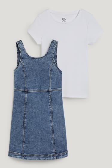 Bambine: - Set - vestito di jeans e maglia a maniche corte - 2 pezzi - jeans blu