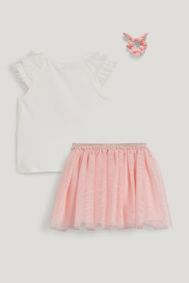 Batolata dívky - Souprava - tričko s krátkým rukávem, sukně a scrunchie gumička do vlasů - 3dílná - bílá/růžová