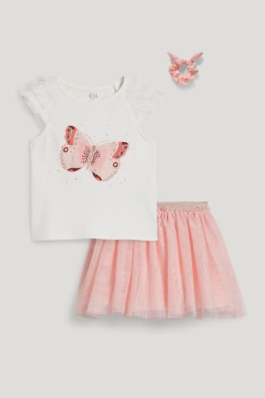 Batolata dívky - Souprava - tričko s krátkým rukávem, sukně a scrunchie gumička do vlasů - 3dílná - bílá/růžová