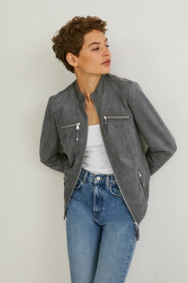 Donna - Giacca stile motociclista - similpelle scamosciata - grigio scuro