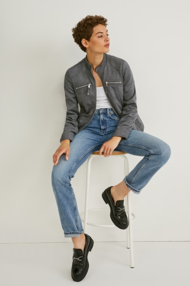 Donna - Giacca stile motociclista - similpelle scamosciata - grigio scuro
