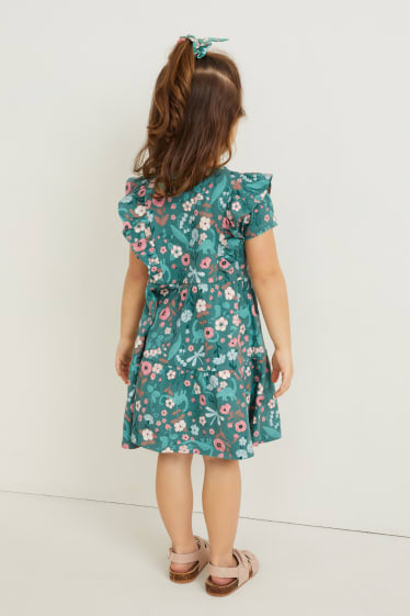 Exkluzivní online - Souprava - šaty a scrunchie gumička do vlasů - 2dílná - s květinovým vzorem - zelená