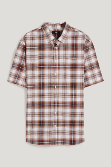 Heren XL - Overhemd - regular fit - kent - geruit - wit / oranje