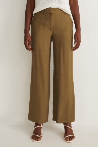Dámské - Plátěné kalhoty - high waist - wide leg - tmavozelená