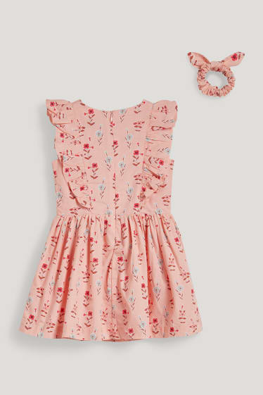 Batolata dívky - Souprava - šaty a scrunchie gumička do vlasů - 2dílná - s květinovým vzorem - růžová