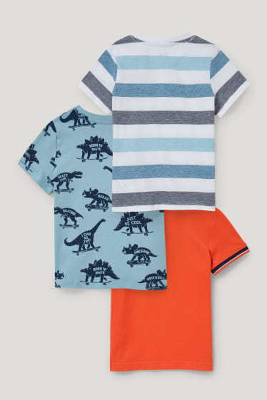 Mali chłopcy - Wielopak 3 szt. - dinozaur - koszulka polo i 2 koszulki - niebieski