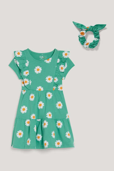 Exkluzivní online - Souprava - šaty a scrunchie gumička do vlasů - 2dílná - s květinovým vzorem - zelená