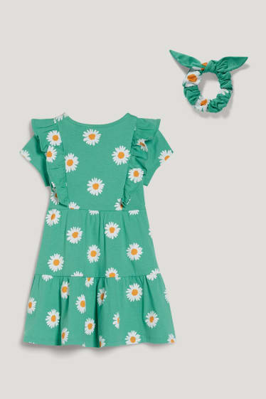 Exkluzivní online - Souprava - šaty a scrunchie gumička do vlasů - 2dílná - s květinovým vzorem - zelená