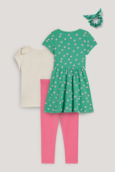 Nena petita - Conjunt - vestit, samarreta de màniga curta, leggings i lligacues scrunchie - 4 peces - verd/rosa