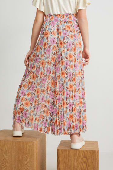 Dívčí - Plisované kalhoty - s květinovým vzorem - růžová