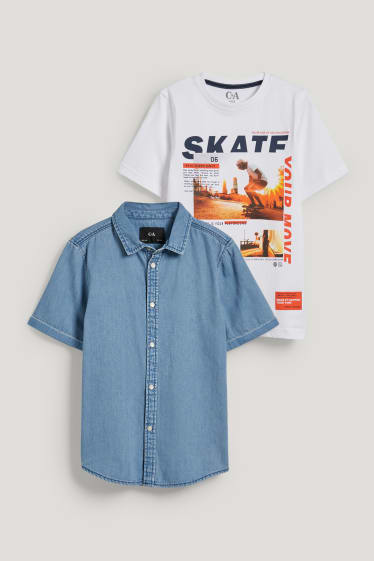 Garçons - Ensemble - chemise en jean et T-shirt - 2 pièces - bleu
