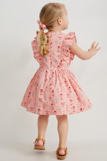 Batolata dívky - Souprava - šaty a scrunchie gumička do vlasů - 2dílná - s květinovým vzorem - růžová