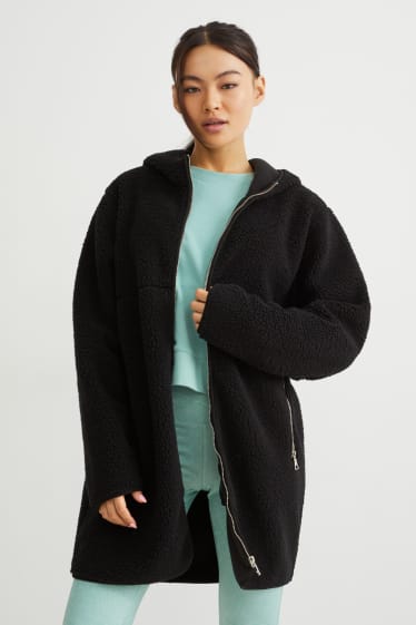 Donna - Giacca in pelo teddy con cappuccio - nero