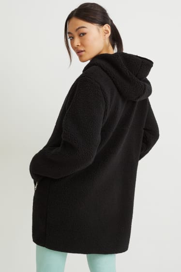 Donna - Giacca in pelo teddy con cappuccio - nero