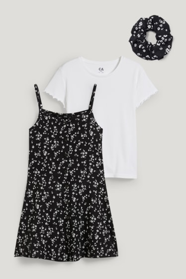 Kids Girls - Extended Sizes - Set - Kurzarmshirt, Kleid und Scrunchie - schwarz / weiß