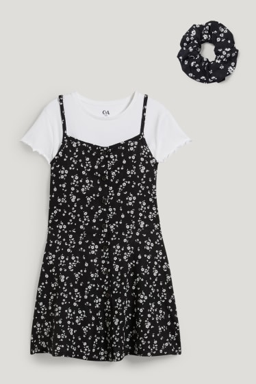 Kids Girls - Extended Sizes - Set - Kurzarmshirt, Kleid und Scrunchie - schwarz / weiß