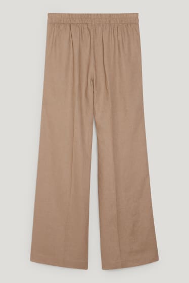 Dámské - Lněné kalhoty - high waist - wide leg - béžová