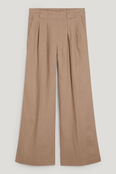 Dámské - Lněné kalhoty - high waist - wide leg - béžová