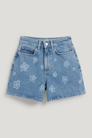Clockhouse Girls - CLOCKHOUSE - denim shorts - high waist - floral - denim-light blue