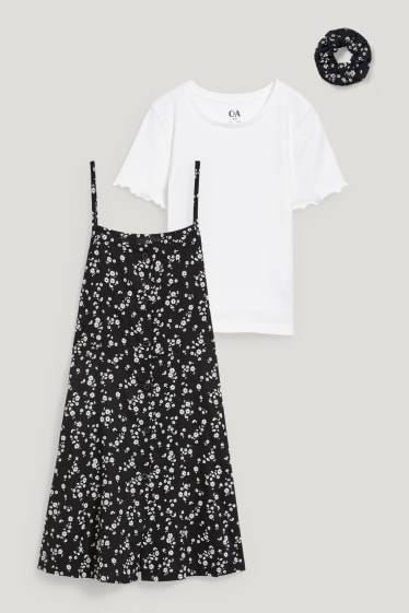 Kids Girls - Set - T-shirt, jurk en scrunchie - 3-delig - zwart / wit