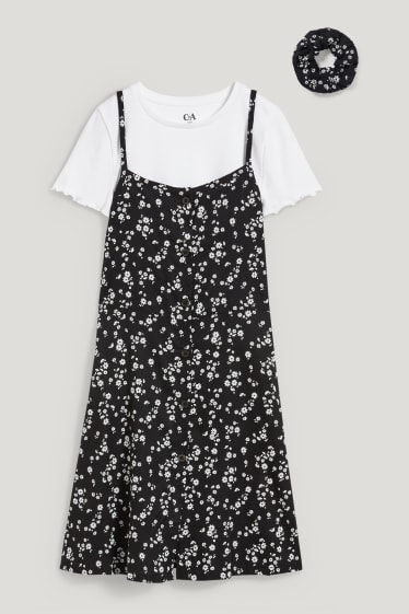 Kids Girls - Set - T-shirt, jurk en scrunchie - 3-delig - zwart / wit