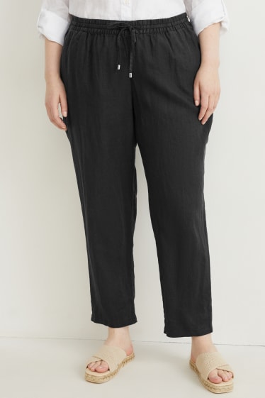 Women - Linen trousers - mid-rise waist - tapered fit - black