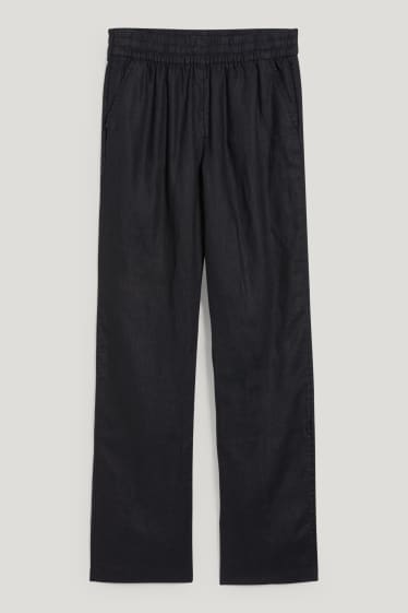 Dámské - Lněné kalhoty basic- - mid waist - regular fit - černá