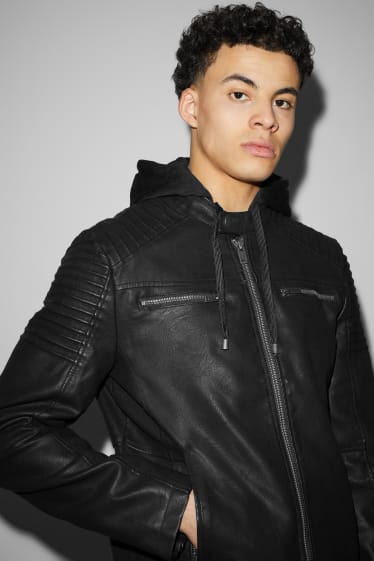 Clockhouse Boys - Biker jacket with hood - faux leather - black