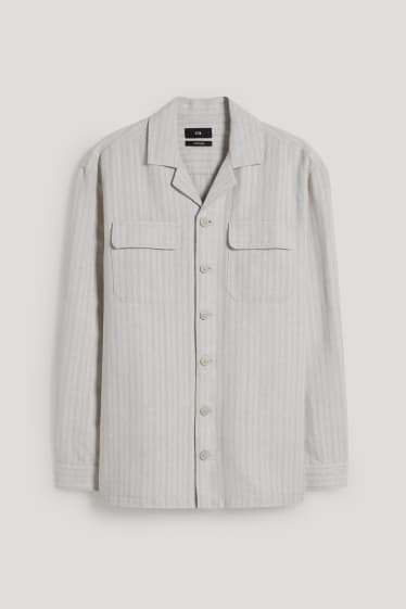 Pánské - Košile - regular fit - klopový límec - lněná směs - pruhovaná - světle béžová