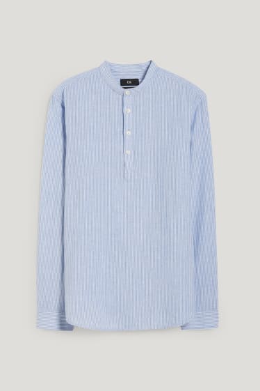 Pánské - Košile - regular fit - stojáček - lněná směs - pruhovaná - světle modrá