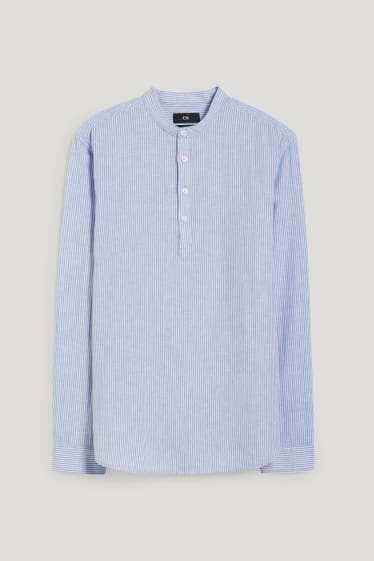 Men - Shirt - regular fit - band collar - linen blend - striped - light blue