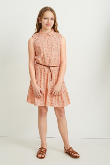 Dívčí - Halenkové šaty s páskem - s květinovým vzorem - světle oranžová