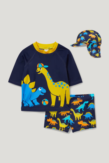 Miminka chlapci - Motiv dinosaura - plážový outfit pro miminka s UV ochranou - LYCRA® XTRA LIFE™ - 3dílný - tmavomodrá