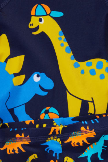 Miminka chlapci - Motiv dinosaura - plážový outfit pro miminka s UV ochranou - LYCRA® XTRA LIFE™ - 3dílný - tmavomodrá