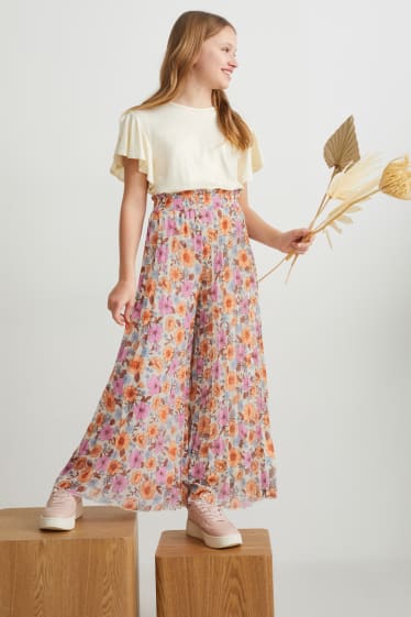 Bambine: - Pantaloni plissettati - a fiori - rosa