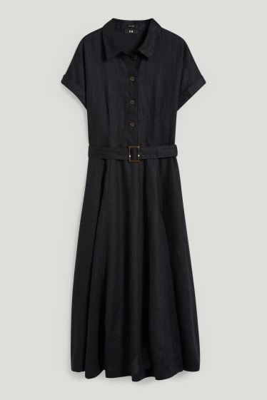 Kobiety - Lniana sukienka bluzkowa z paskiem - czarny