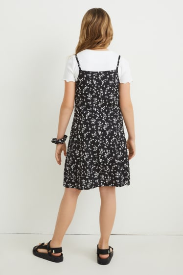 Dívčí - Souprava - tričko s krátkým rukávem, šaty a scrunchie gumička do vlasů - 3dílná - černá/bílá