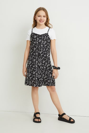 Kids Girls - Set - T-shirt, jurk en scrunchie - 3-delig - zwart / wit
