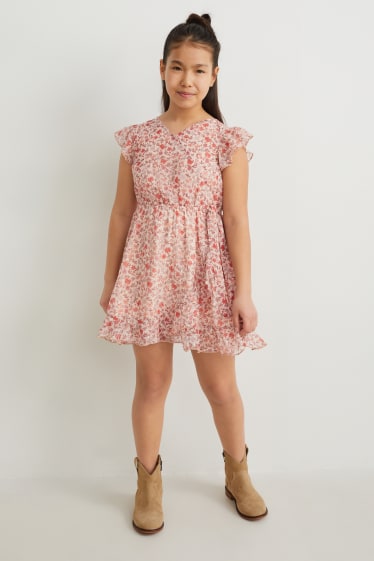 Filles - Robe - à fleurs - orange