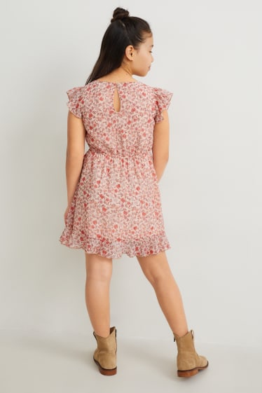 Filles - Robe - à fleurs - orange