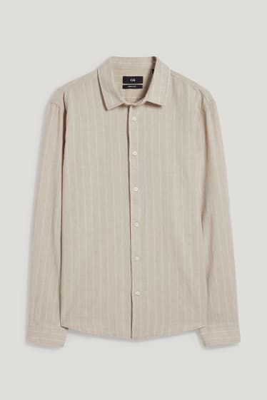 Men - Košile - regular fit - kent - lněná směs - pruhovaná - light beige