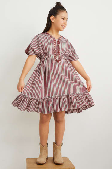 Filles - Robe - à rayures - bordeaux