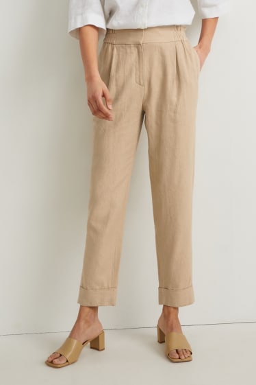 Donna - Pantaloni di stoffa - vita alta - tapered fit - misto lino - beige