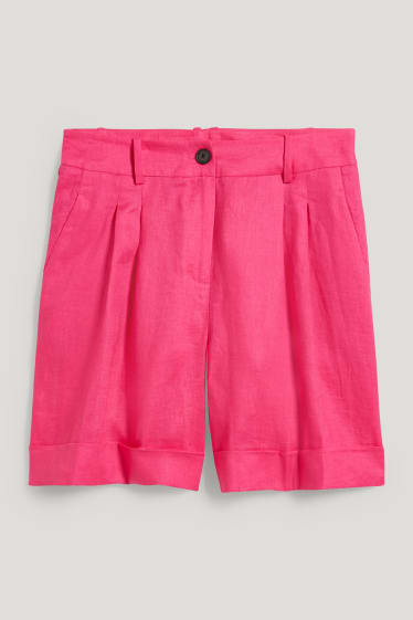 Dámské - Business lněné šortky - high waist - růžová
