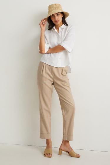 Donna - Pantaloni di stoffa - vita alta - tapered fit - misto lino - beige