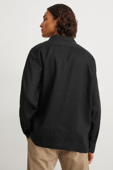 Pánské - Košile - regular fit - klopový límec - lněná směs - černá