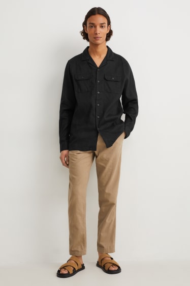 Men - Shirt - regular fit - lapel collar - linen blend - black